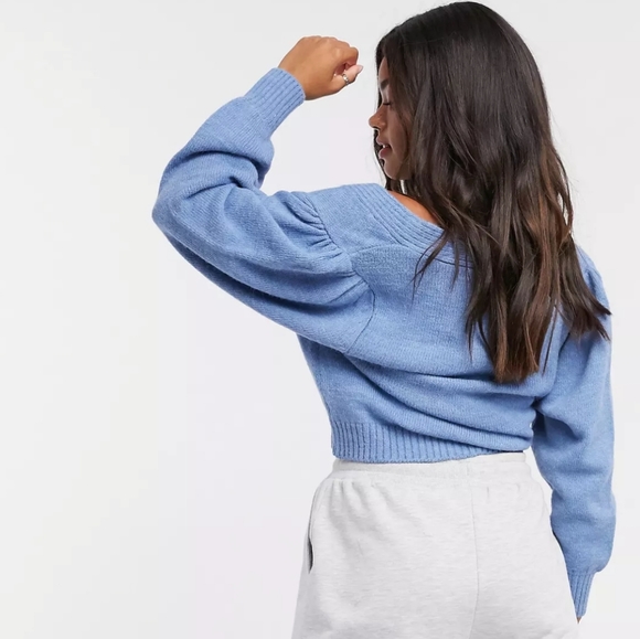 ASOS Design V-Neck Cardigan Puff Sleeve Blue UK 16 | US 12 NEW NWT - Picture 13 of 15